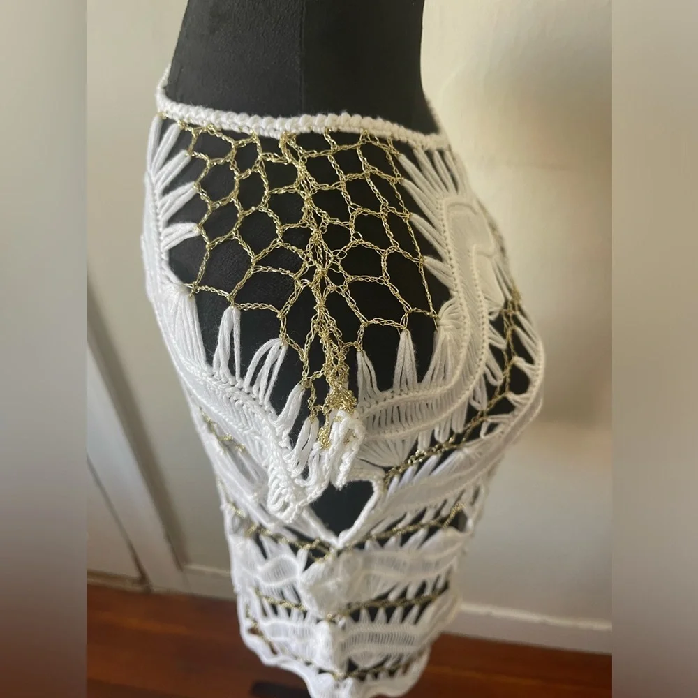 Venus white crotched/gold thread chain look swim cover up, size med, like new - Picture 8 of 8